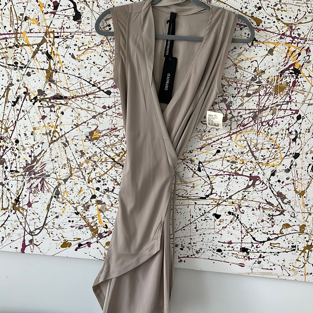 Improvd beige silky wrap dress